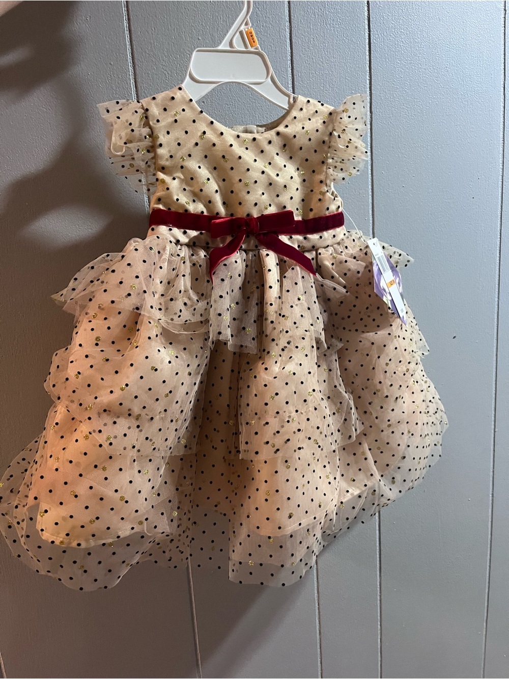 Blueberi Boulevard Cream Polka Dot Tulle Dress with Red Velvet Bow